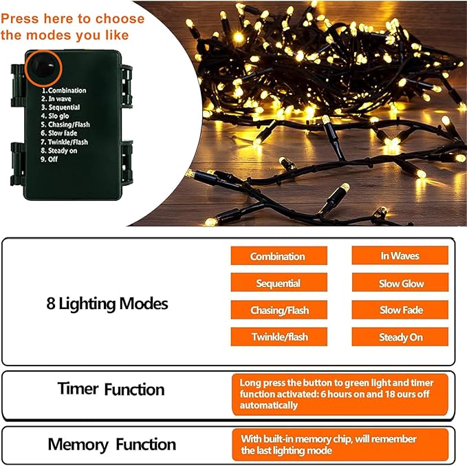 Upgraded 4Pack 160FT 400 LED Battery Operated Christmas String Lights Outdoor/Indoor, Timer & 8 Modes with Green Wire Christmas Tree Lights, Waterproof Fairy Lights for Xmas Tree Garden(Warm White)