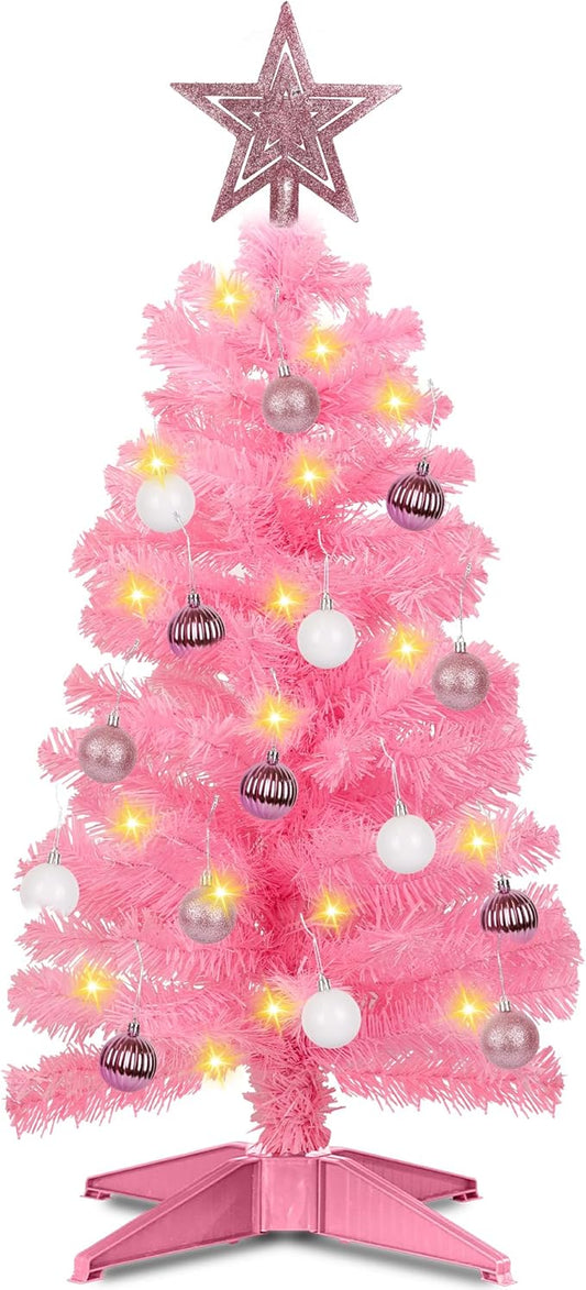 3 Feet Pink Premium Christmas Tree 12 Modes Dual Color Change Timer DIY 50 Warm White & Multicolor Lights Star 15 Ball Ornaments Battery Operated Small Artificial Full Xmas Tree Table Home Indoor
