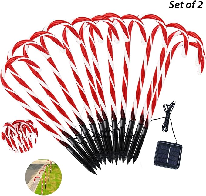 IDEAALS 24-Pack Solar Christmas Candy Cane Lights, Solar Pathway Lights Waterproof, Christmas Decorations Outdoor with 8 Modes for Party Patio Garden Lawn Yard Decor