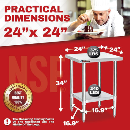 DuraSteel 24x24 Stainless Steel Prep Table - NSF Commercial Outdoor Grill Worktable - Metal Side Mixer Stand with Under Shelf - For Laundry Room, Kitchen, Small Spaces