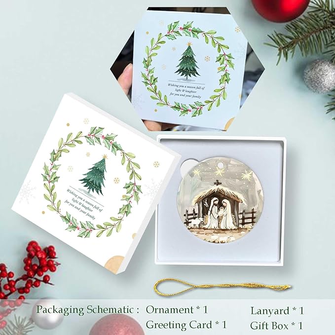 Nativity Night Ornaments Round Nativity Scene Ceramic Stained Glass Style Birth of Jesus Christ Hanging Ornament Christmas Keepsake Decor for Xmas Tree Winter Holiday Xmas Gift for Women Men 3"