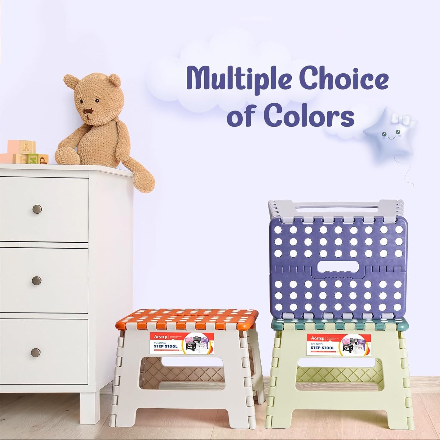 ACSTEP 9 Inch Folding Step Stool 300 LB Capacity Plastic Foldable Step Stools for Kids and Adults, Folding Stool Suitable for Kitchen, Stepping Stool with Handle Bicolor Purple Small Step Stool 1PC