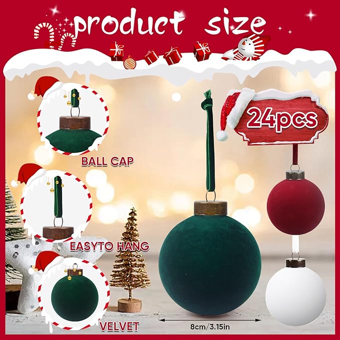 24 Pcs Velvet Christmas Balls Bulk Shatterproof Plastic Christmas Tree Decorations for Decorative Hanging Baubles (24, Wine red、Blackish Green、White, 3.15Inch)
