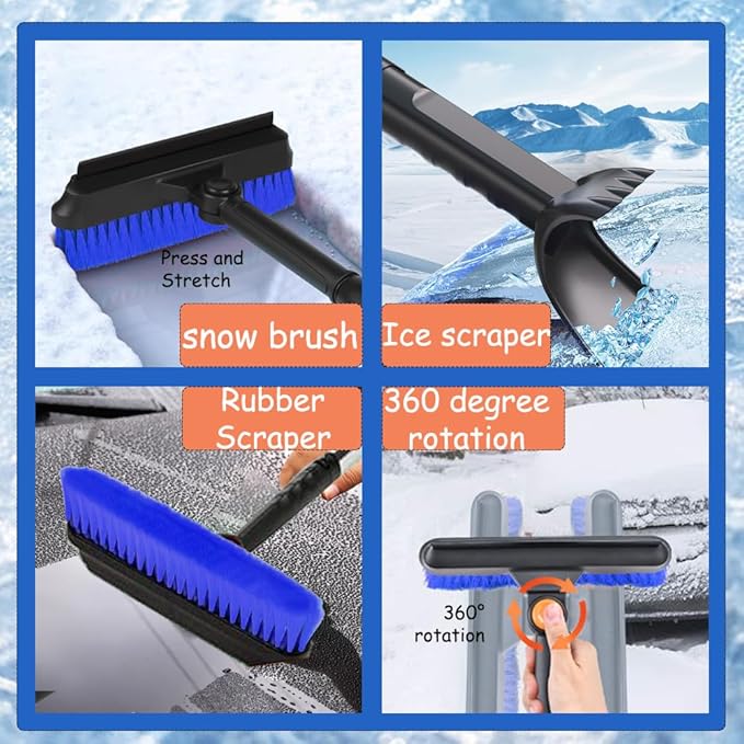 31.5" Car Snow Brush and ice Scraper, Ice scrapers for car Windshield, 3-in-1 Automotive Snow Removal Tool with Ergonomic Foam Handle and 360° Rotating Brush Head for Cars, Trucks and SUVs