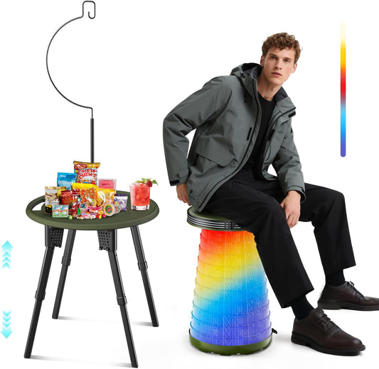 LED Camping Table Set with Stools, 300lbs Capacity Adjustable Height Folding Table & Chairs, All-in-One Compact Design for Outdoor, Camping, Picnic, Tailgating