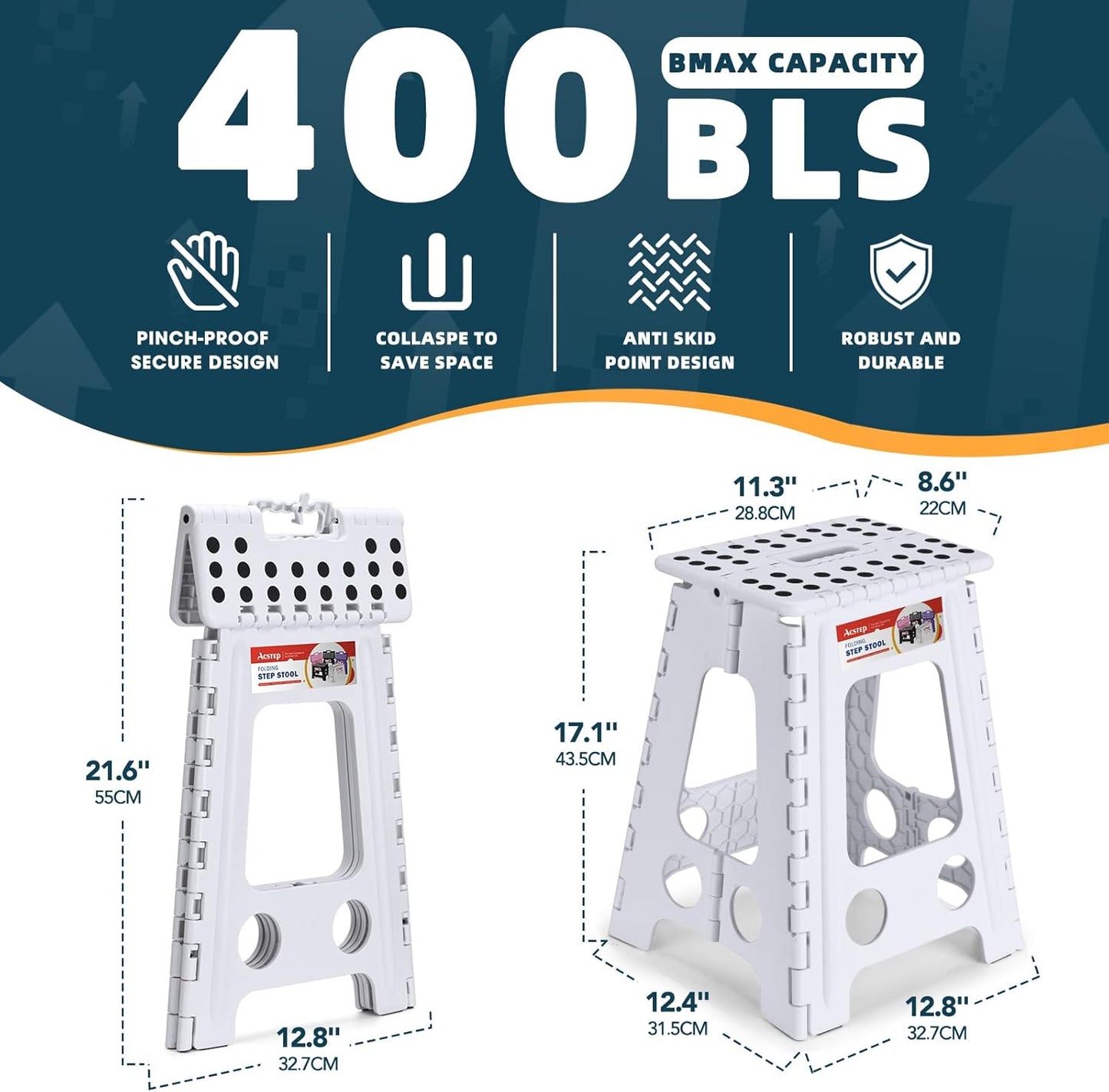 ACSTEP Folding Step Stool 17.5 Inch Heavy Duty Step Stool Foldable for Adults and Kids, Collapsible Stepping Stool with Handle, Non Slip Folding Stools for Kitchen Hold Up to 400lbs (White 1PC)