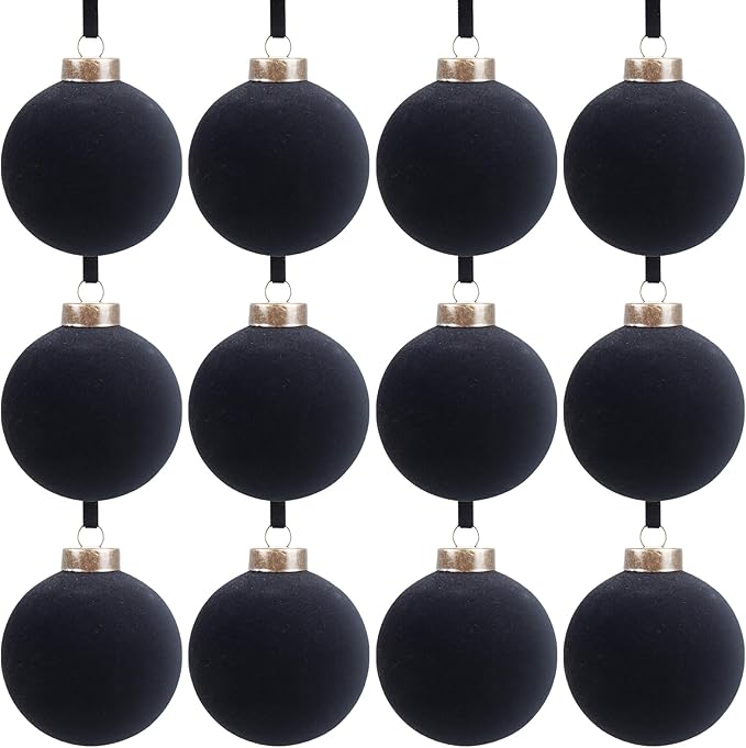 12 Pcs Velvet Christmas Balls Bulk Shatterproof Plastic Christmas Tree Decorations for Decorative Hanging Baubles (12, Black, 2.36Inch)