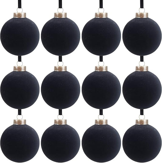 12 Pcs Velvet Christmas Balls Bulk Shatterproof Plastic Christmas Tree Decorations for Decorative Hanging Baubles (12, Black, 2.36Inch)