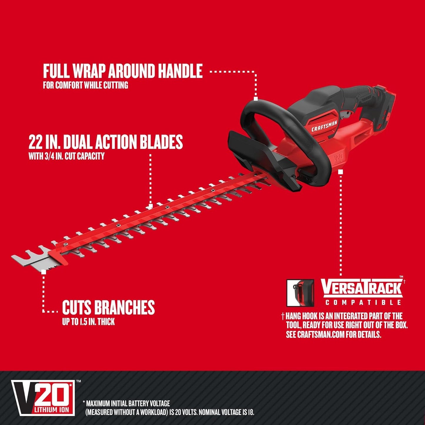 CRAFTSMAN V20 Cordless Hedge Trimmer, 22 inch, Bare Tool Only (CMCHTS820B)