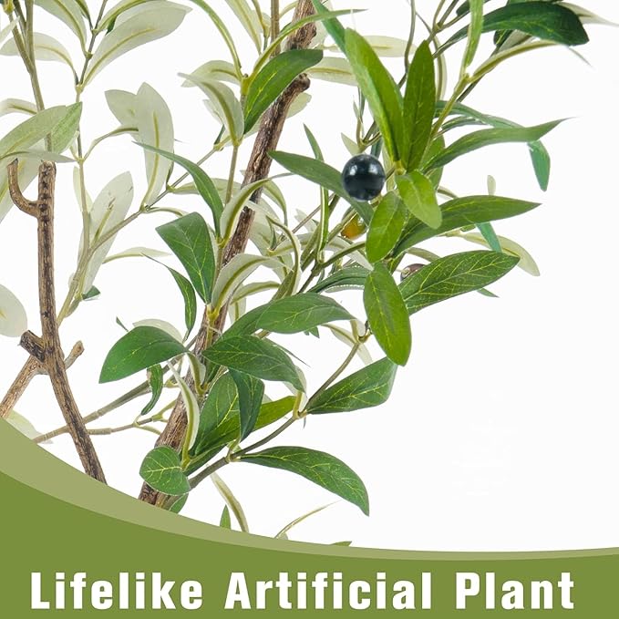 Artificial Fake Olive Tree 5FT Tall 1Pack with White Planter Faux Silk Olive Tree for Home Living Room Office Decor Faux Artificial Plants Indoor with Fruit & Free Moss