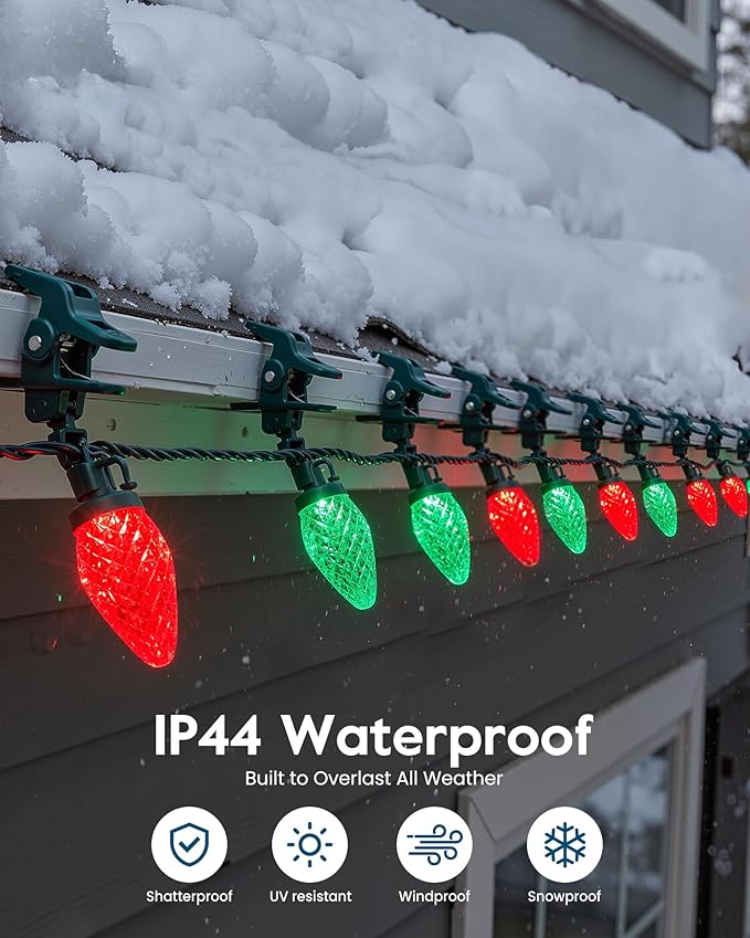 Minetom C9 LED Christmas Lights Outdoor with 100 Spring Clip (Red & Green, 1 Pack)