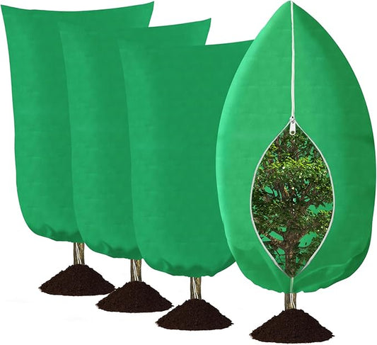 4 Pack Plant Covers Freeze Protection, 31.5" W x47.3 H Winter Frost Protection Blankets Frost Cloth Plant Freeze Protection with Zipper Drawstring for Outdoor Plants (Green)