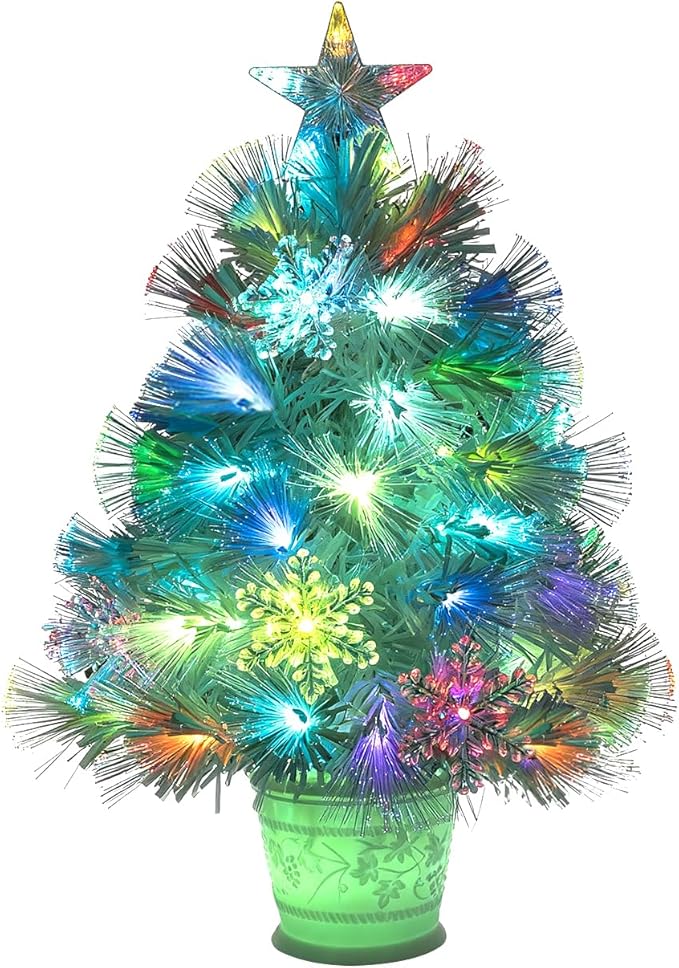Artificial Christmas Tree, 24inch Small Christmas Tree White Fiber Optic Prelit Tabletop Xmas Tree with 67 Led Lights 7 Colors Lighted Christmas Tree Holiday Home Decor