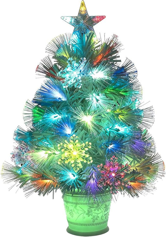 Artificial Christmas Tree, 24inch Small Christmas Tree White Fiber Optic Prelit Tabletop Xmas Tree with 67 Led Lights 7 Colors Lighted Christmas Tree Holiday Home Decor