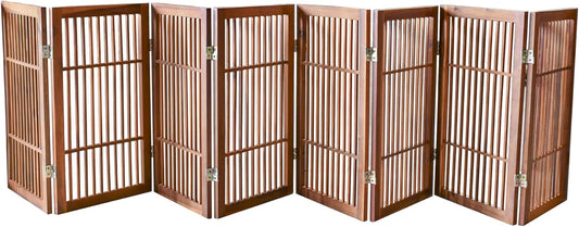 Pet Dog Gate Strong and Durable Freestanding Folding Acacia Hardwood Portable Wooden Fence Indoors or Outdoors by Urnporium (Brown Pet Gate, 8 Panel 30" Tall)