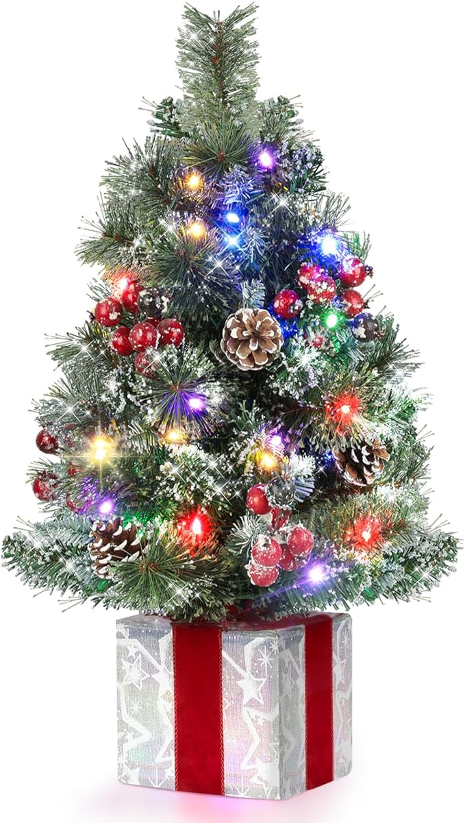 Brightever Small Christmas Tree, 2FT Prelit Mini Christmas Tree with 50 Multi-Color LED Lights, Unique Gift Box Base, Battery Operated Little Xmas Tree for Table Top, Pinecone & Berries Included