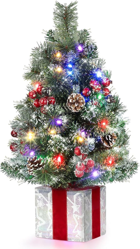 Brightever Small Christmas Tree, 2FT Prelit Mini Christmas Tree with 50 Multi-Color LED Lights, Unique Gift Box Base, Battery Operated Little Xmas Tree for Table Top, Pinecone & Berries Included
