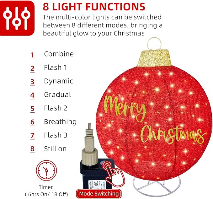 HOYECHI 2pc Lighted Pop-Up Outdoor Christmas Ornament Set – Holiday Ball Decorations with 200 LED Lights, 8 Lighting Modes, for Yard & Outdoor Christmas Decor - Red/Gold