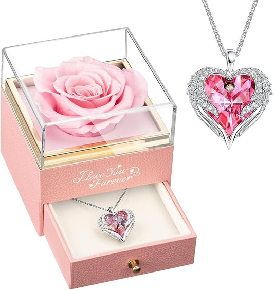 NEWNOVE Preserved Real Pink Rose with Angel Wings Necklace -Forever Flowers Gifts for Women Wife Girlfriend Mom and Grandma, Anniversary Birthday Gifts for Women
