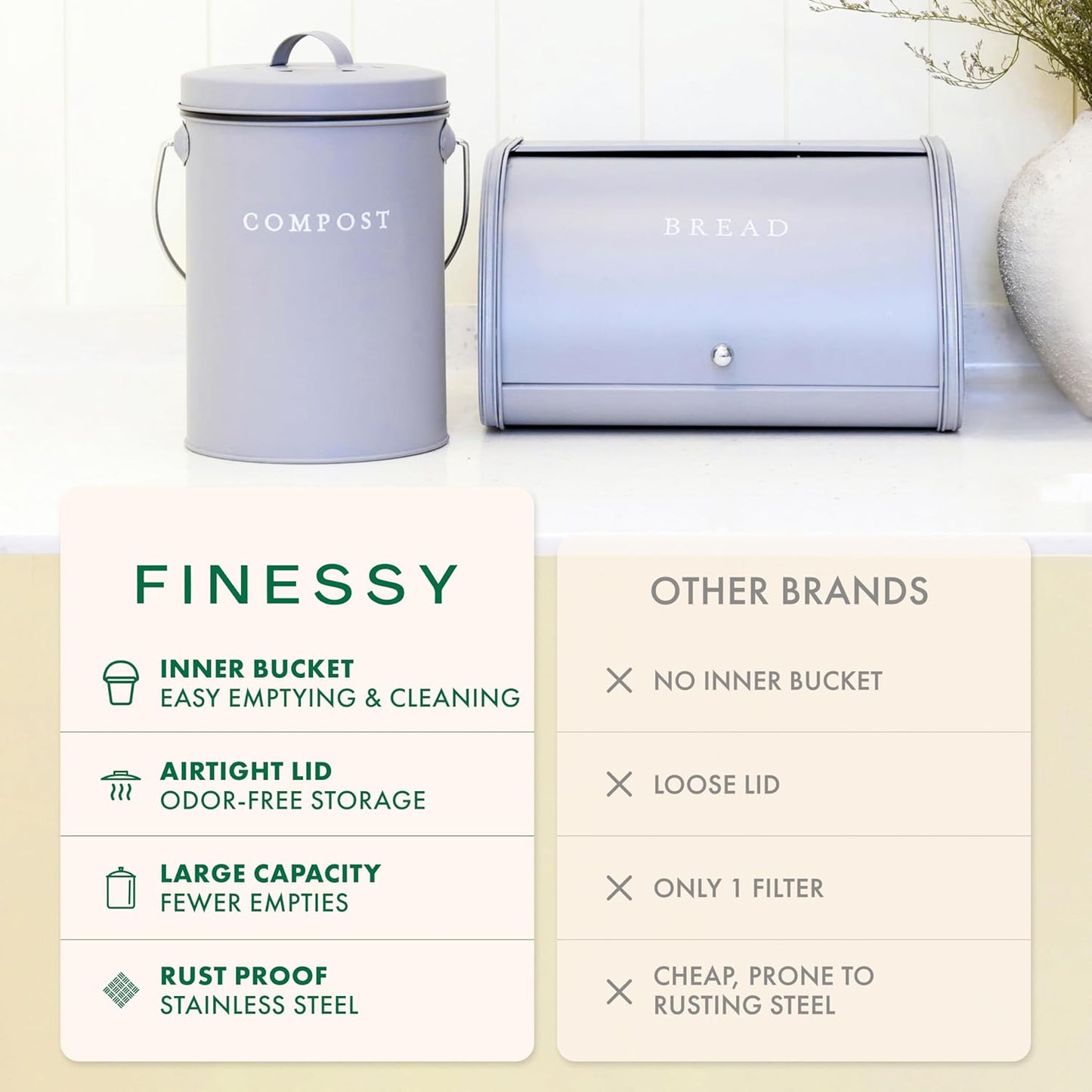 FINESSY Indoor Compost Bin Kitchen Odorless with Lid for Composting Food Waste Bucket for Counters, Stainless Steel Kitchen Compost Bin Countertop Trash Can, Indoor Food Composter Recycler Container