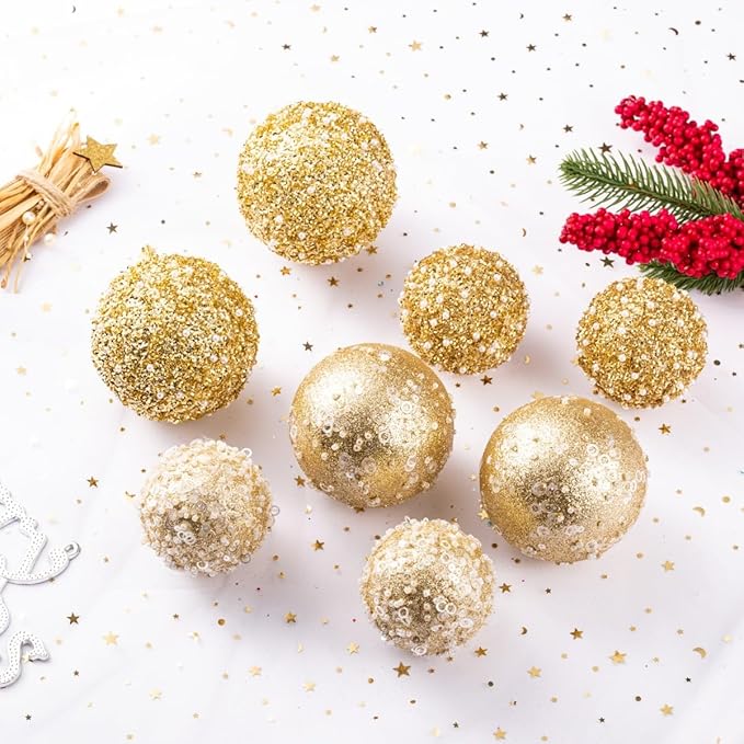 12CT Christmas Ball Ornaments, Gold Christmas Ball Decorations Shatterproof Plastic Hanging Pearl Balls for Holiday Party(70mm/2.76")