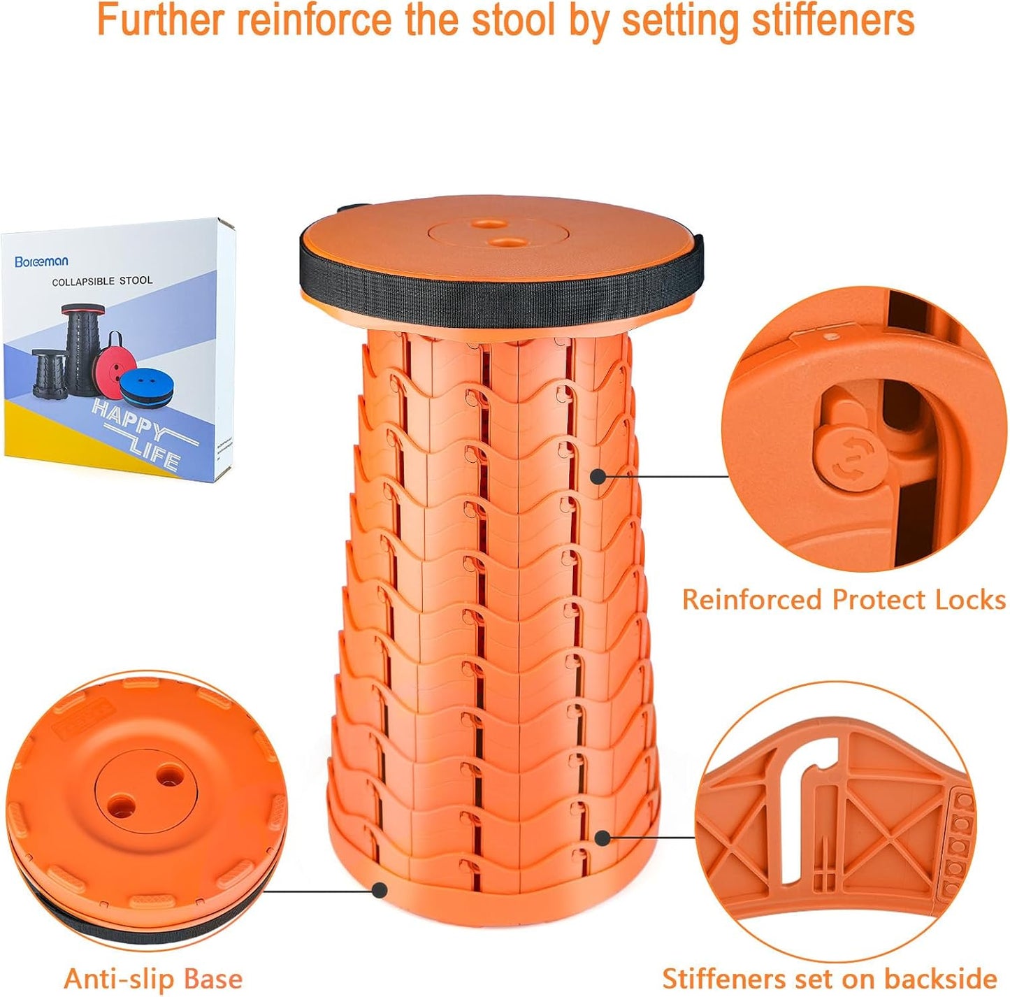 Boreeman Upgraded Folding Stool Lightweight Yet More Sturdy with Load Capacity 400lbs Portable Collapsible Stool for Camping Fishing Hiking BBQ (All Orange)