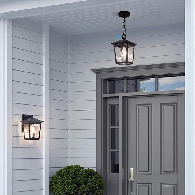 Outdoor Pendant Light, Black Outdoor Porch Light fixtures with Dusk to Dawn Sensor, Exterior Hanging Lantern Height Adjustable Outside Chandelier with Water Glass for House Patio Garage
