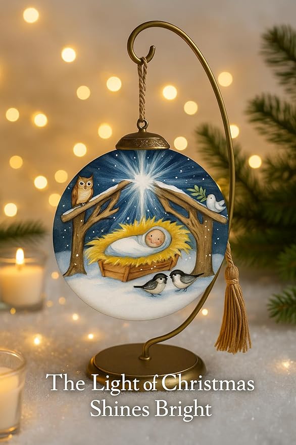 Baby Jesus Woodland Nativity Ornament–Hand-Painted Glass Holy Family Christmas Ornament – Manger Scene with Animals – Religious Christian Ornament – Catholic Keepsake