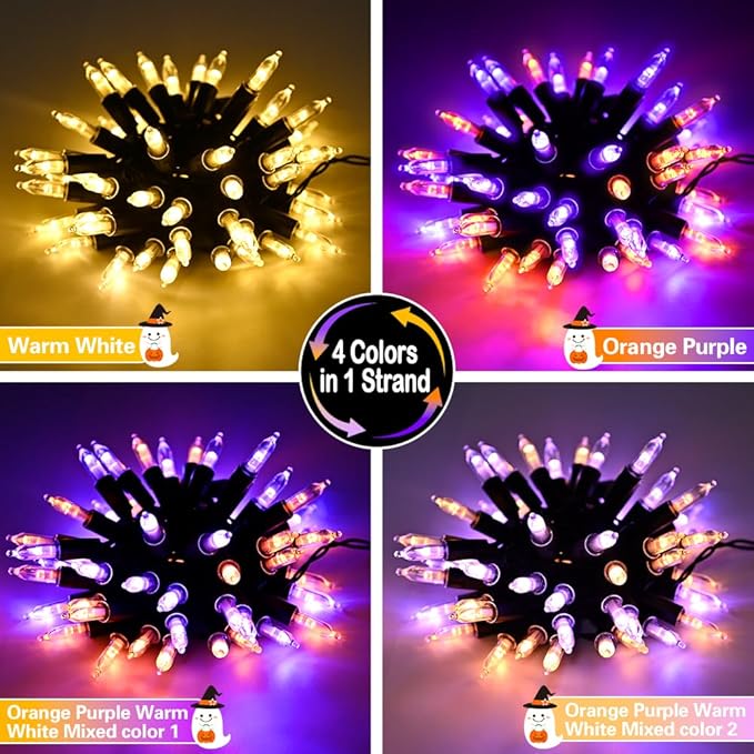 Battery Christmas Lights, 2 Pack 50 LED Dual Color Changing Mini String Light with Remote, 12 Modes 3 Auto-Timer, Waterproof for Outdoor Indoor Decor (Orange Purple & Warm White, 50 LED - 2 PACK)