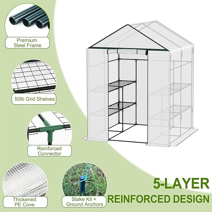 Walk-in Greenhouse for Outdoor, 57 x 85 x 77'' Walk in Plant Greenhouses with Durable UV-Resistant Cover, Reinforced Green House with 3 Tiers Stands Heavy Duty for Patio, Backyard and Porch