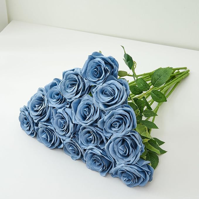 15pcs Dusty Blue Roses Artificial Flowers Silk Fake Flowers Realistic Dusty Blue Roses Bouquet Long Stem for Wedding Home Party Birthday Decoration