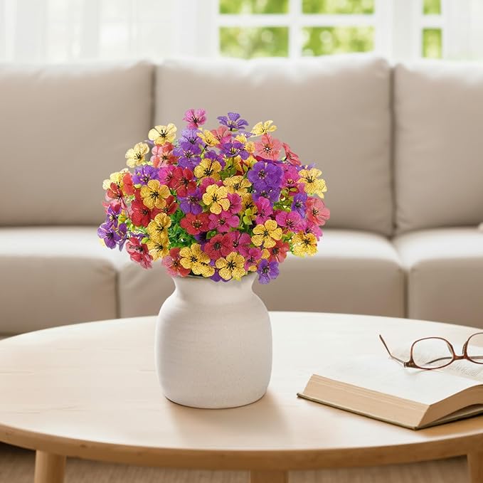 Lifewit Artificial Flowers for Outdoor Indoor, 12 Bundles Plastic Fake Flowers Daisy with Eucalyptus Leaves for Home Garden Decor, Porch, Window Box(Mix for Fuchsia Purple Yellow Red)