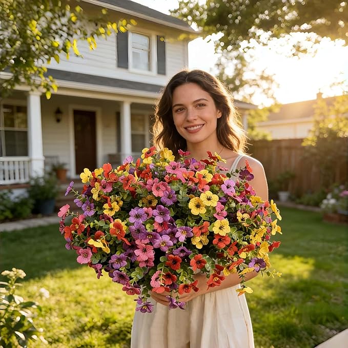 Artificial Flowers Outdoor UV Resistant Fake Plants, 12 Bundles Silk Daisy in Pots for Porch Patio Garden, Faux Potted Home Decor for Outside (Mix Pink, Red, Purple, Yellow)