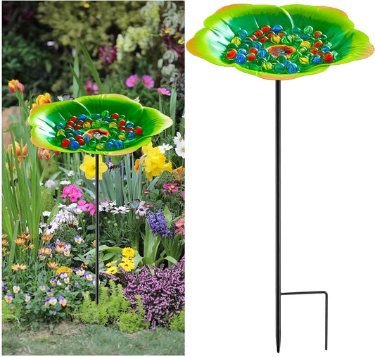 Tandefio Vivid Flower Bee Watering Station Metal Butterfly Water Feeder with 30 Colorful Glass Marbles Bee Feeder Butterfly Bath Bowl for Garden Outdoor Yard Decors(Green,Flower)