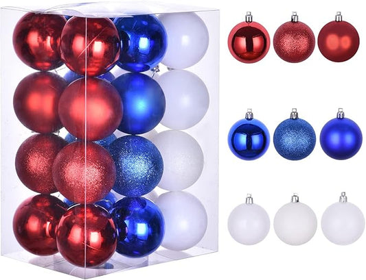 24ct Christmas Ball Ornaments, Shatterproof Christmas Tree Decorations, Perfect Hanging Ball for Indoor/Outdoor Holiday Party Decor (Red, Blue & White, 2.36'')