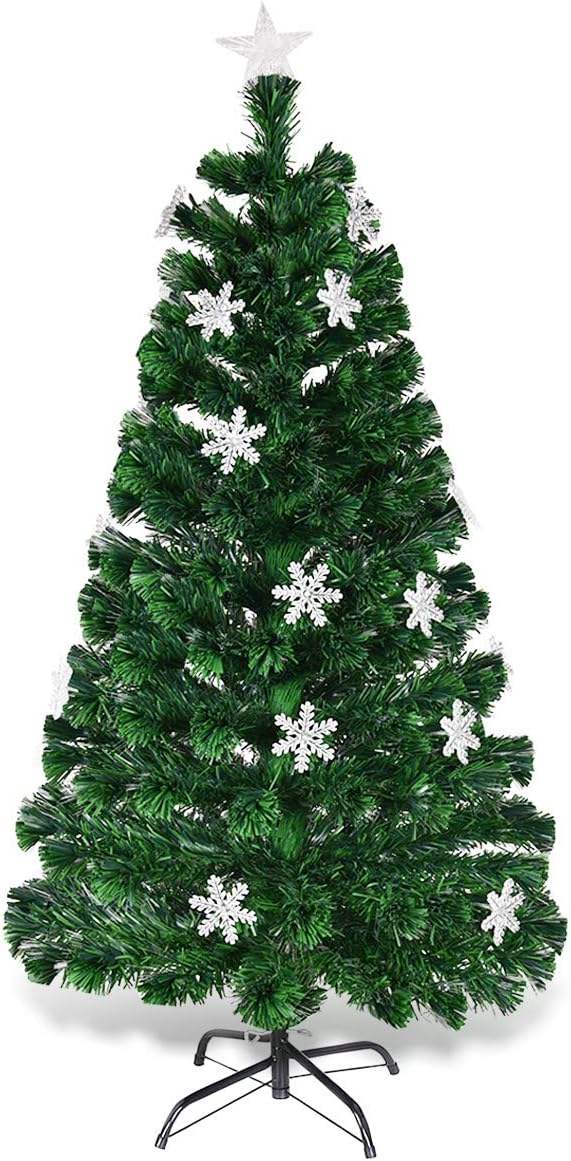 Happygrill 6FT Pre-lit Christmas Tree Fiber Optic Artificial Xmas Tree for Home Holiday Décor, Snowflakes, UL-Certified Electronic Transformer, Christmas Tree with Metal Stand