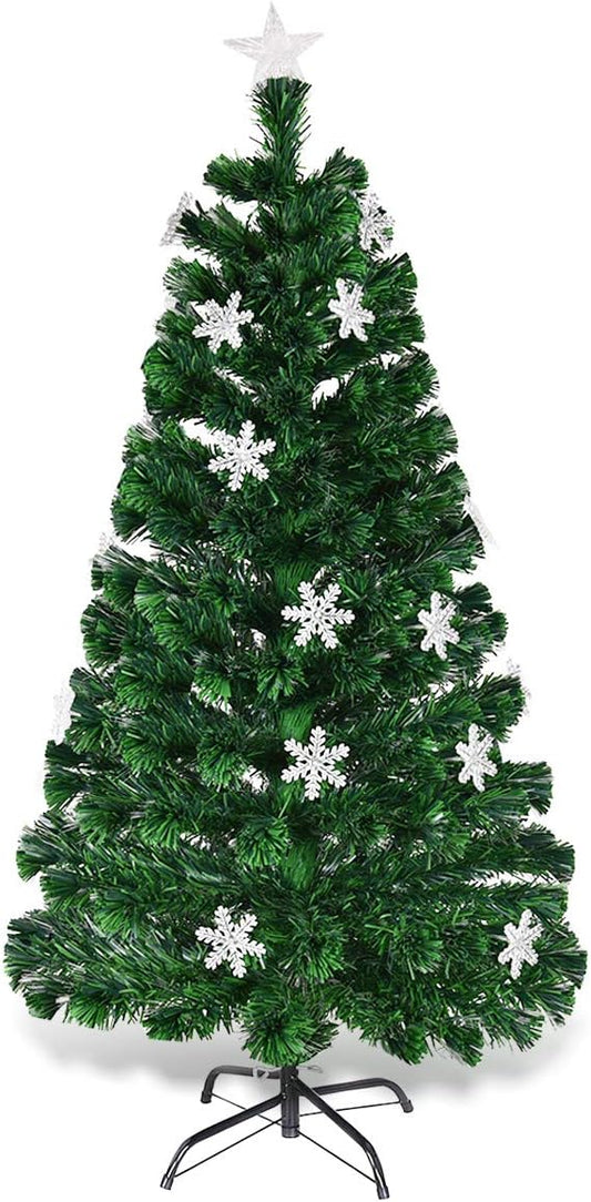Happygrill 6FT Pre-lit Christmas Tree Fiber Optic Artificial Xmas Tree for Home Holiday Décor, Snowflakes, UL-Certified Electronic Transformer, Christmas Tree with Metal Stand