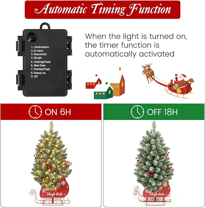 3 Ft Pre-Lit Christmas Tree, Frosted Artificial Christmas Tree with 78 Led Lights,8-Mode Battery Box,Timer Battery,Red Berry,Christmas Decoration for Home, Office,Fireside,Easy Installation