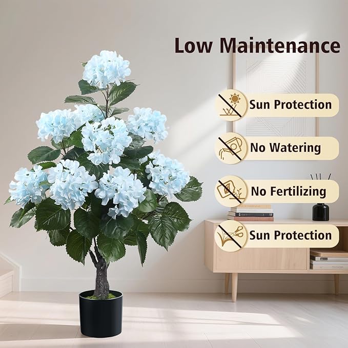 Romantic Season 38" Artificial Hydrangea Tree in Pot, Faux Potted Silk Hydrangea Plant for Indoor Outdoor Decoration, Lifelike Artificial Flower Tree for Home, Office, Patio, Garden Decor, Blue