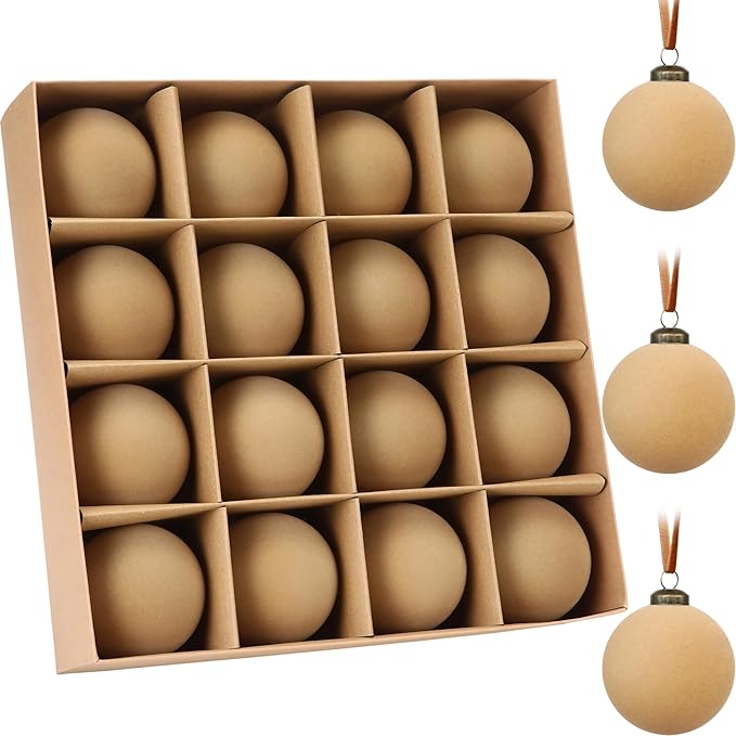Sea Team 16-Pack Flocked Velvet Christmas Tree Ball Ornaments Set, Hanging Velour Baubles, Shatterproof Plastic Decorations for Xmas Tree, Wreath, Garland, 80mm/3.15 Inches, Beige