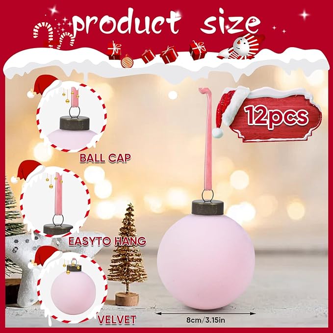 Velvet Christmas Balls Bulk Shatterproof Plastic Christmas Tree Decorations for Decorative Hanging Baubles (12, Pink, 3.15Inch)