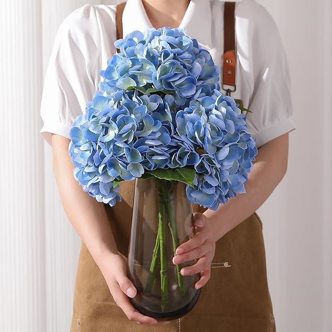 Nubry 22.44In Blue Hydrangea Artificial Flowers, 3Pcs Latex Faux Real Touch Large Hydrangea Flowers with Long Stems & Leaves for Home Office Decor Wedding Party Arrangements(Blue)