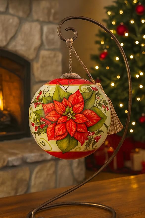Poinsettia Ornament – Hand-Painted Glass Christmas Ornament – Classic Red Poinsettia Holiday Ball – Poinsettia Ornaments for Christmas Tree – Floral Christmas Decoration