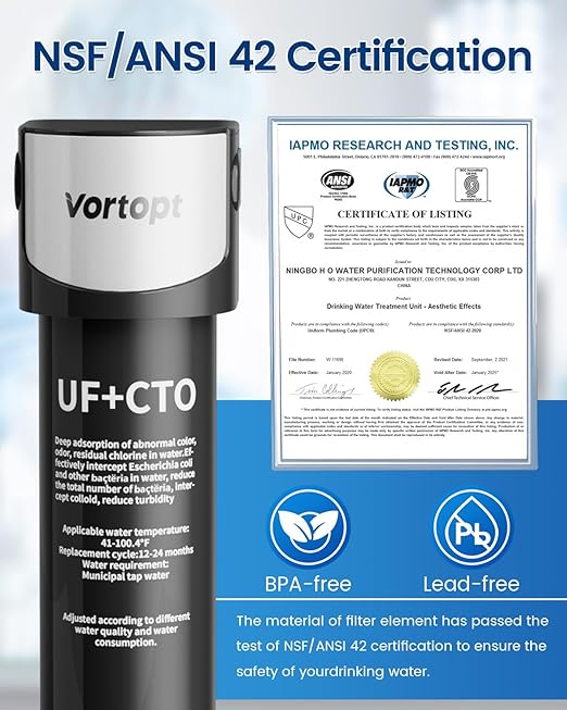 Vortopt 0.01μm Under Sink Water Filter System,NSF/ANSI 42 Certified Water Purifier,24000 Galloons Large Flow Flux,Reduces PFAS,PFOA/PFOS,Chlorine,Bad Odors. (Black-Q5-UF-MAX-24000GAL)
