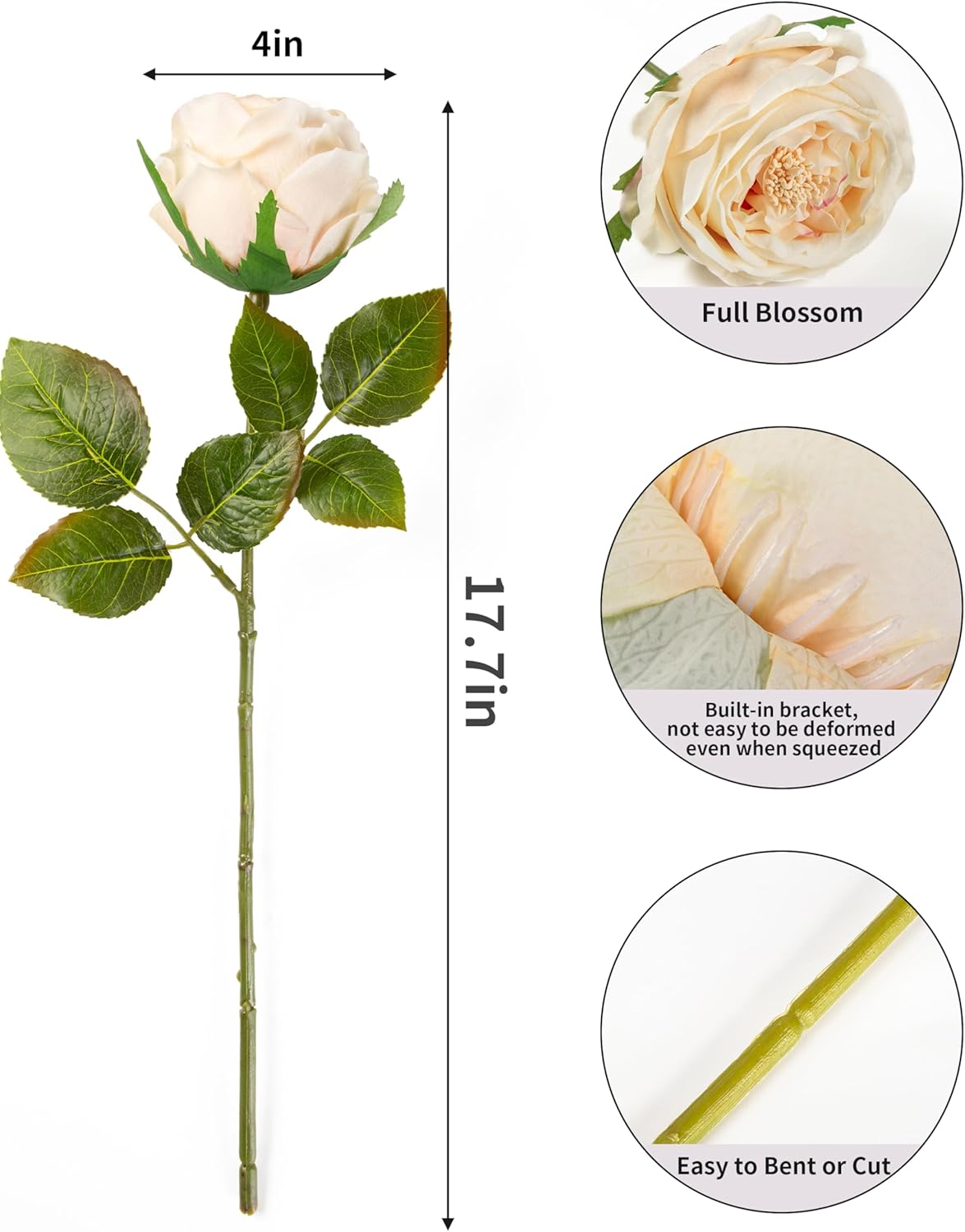 DuHouse 5Pcs Silk Roses Fake Champagne Roses with Stems Real Touch Rose Artificial Flowers for Arrangement Wedding Party Home Decoration