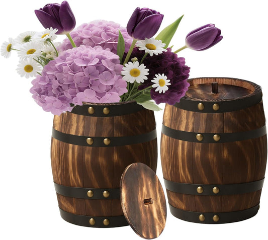 2 Pcs Wood Wine Barrel Vase 8" x 6.5" – Vintage Flower Vase Container Rustic Barrel Planter for Wedding Reception, Table Decoration, Home Indoor/Outdoor Garden, Kitchen, Party