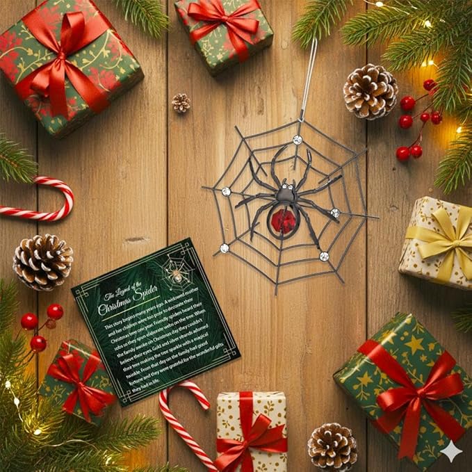 Matashi Black Spider Hanging Ornament for Christmas Tree w Red, Clear Crystals – Lucky Spider Web Decoration for Tree, Seasonal Decor Holiday Hanging Ornament Gift Inspired by Christmas Spider Legend