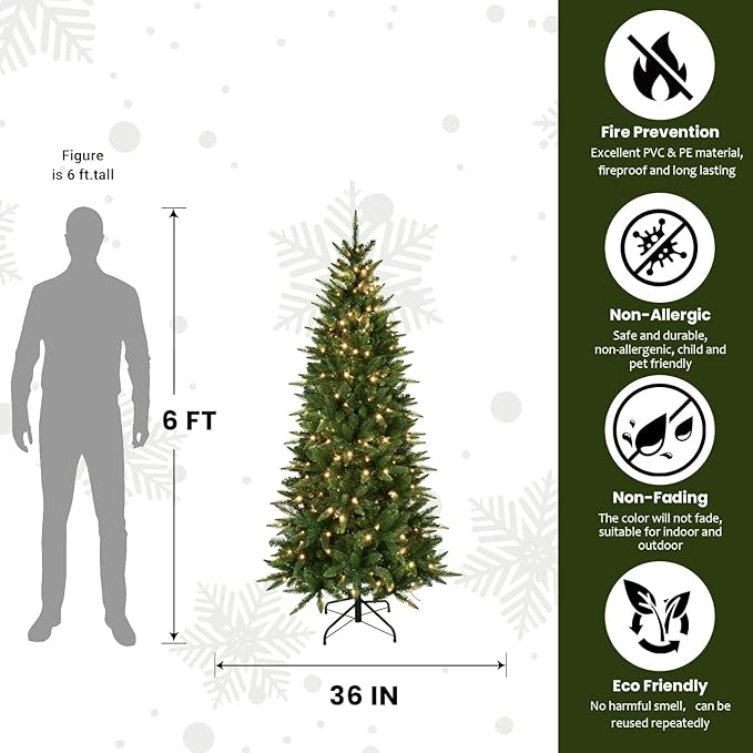 6ft Pre-Lit Artificial Pencil Green Christmas Tree with Warm White 300 LED Lights, Hinged Realistic Slim Xmas Tree w/Sturdy Metal Stand, 850 Tips for Home, Office, Party Decoration Indoor