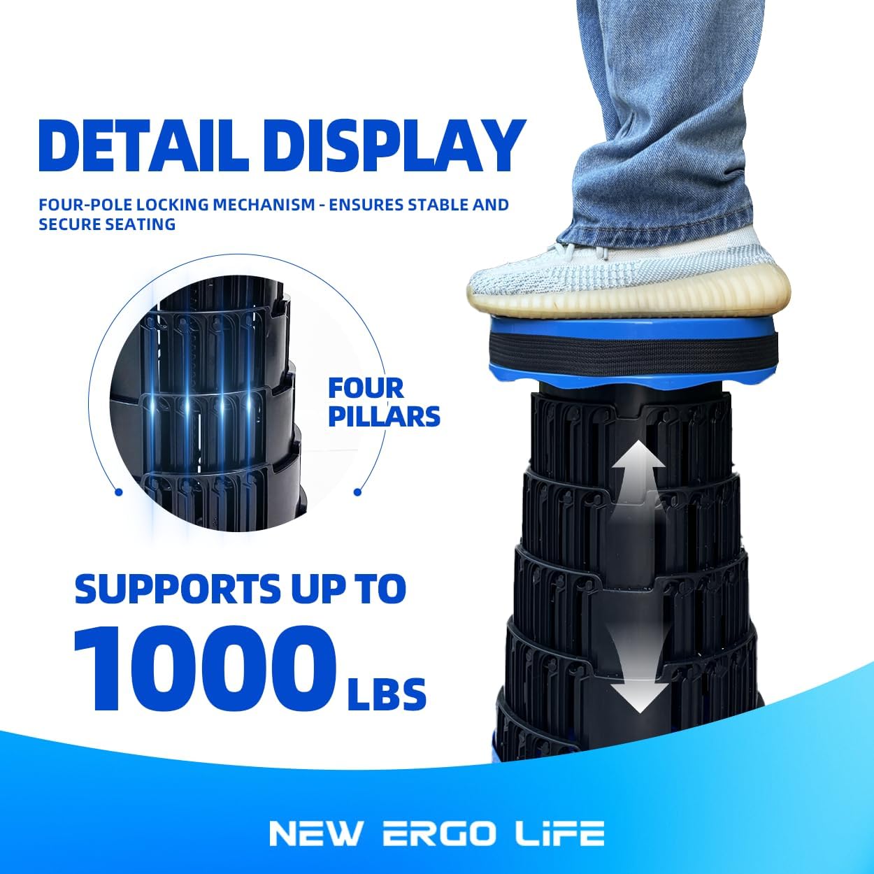 Portable Collapsible Stool - 4 Pillars Large Weight Capacity Travel-Friendly Folding Stool, Easy to Use Lightweight Telescoping Seat for Outdoor Activities, Camping & Hiking (Blue)