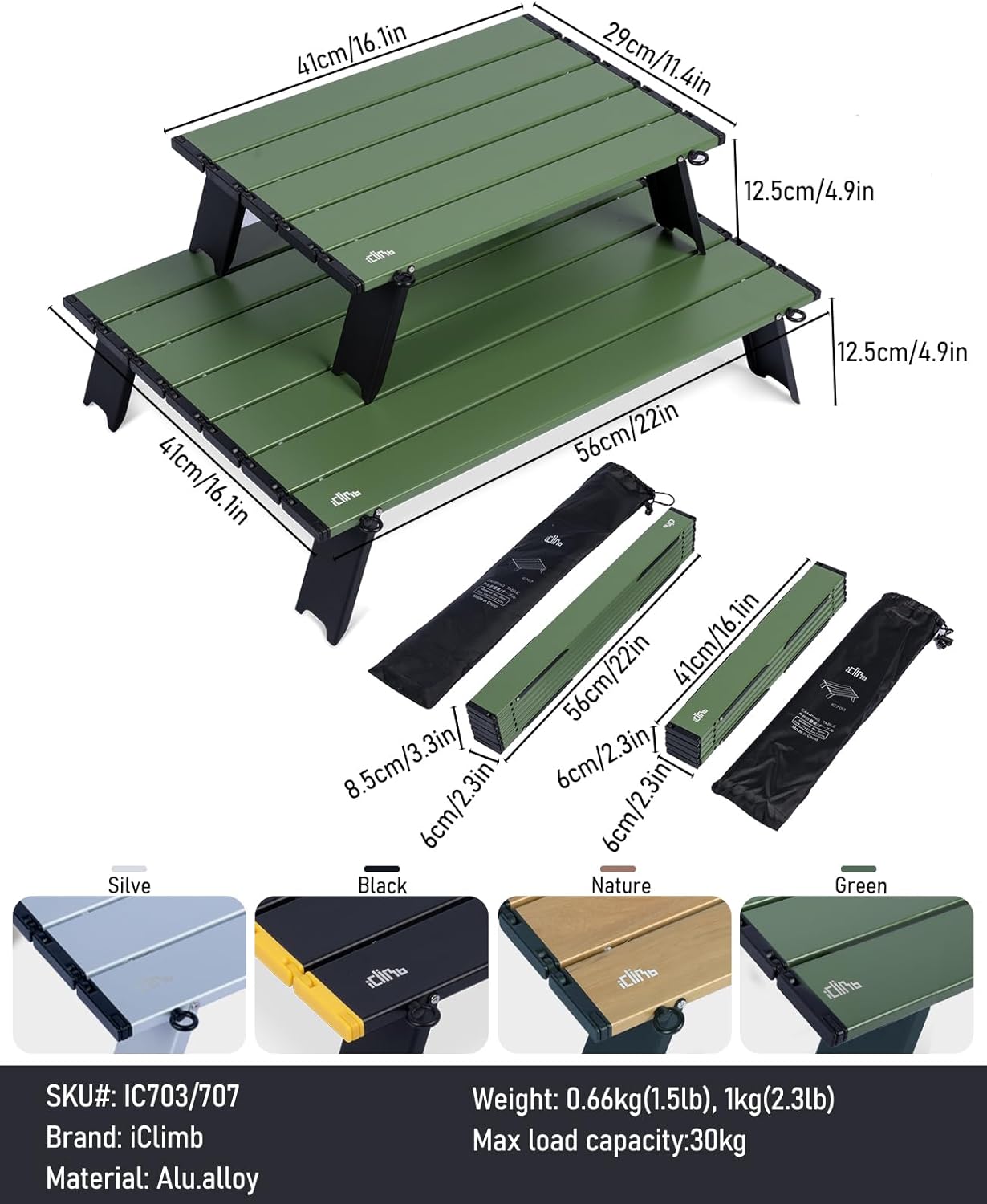 iClimb Ultralight Compact Mini Beach Picnic Folding Alu. Table with Carry Bag, Two Size (Green, S)